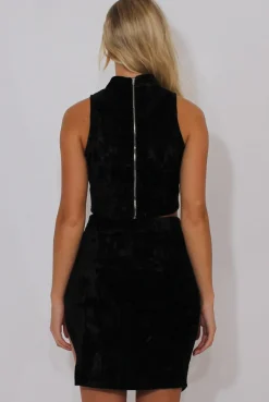 Rebellious Fashion Black Crushed Velvet High Neck Cut Out Co-ord - Melanie