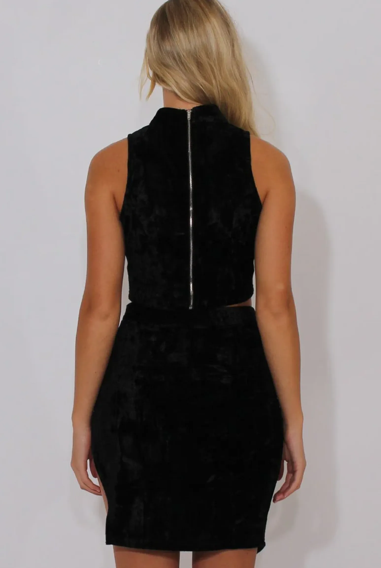Rebellious Fashion Black Crushed Velvet High Neck Cut Out Co-ord - Melanie