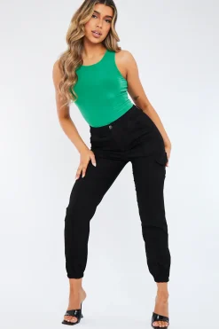 Rebellious Fashion Black Cuffed Cargo Trousers - Genesis