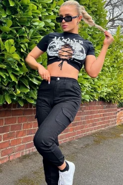 Rebellious Fashion Black Cuffed Cargo Trousers - Genesis