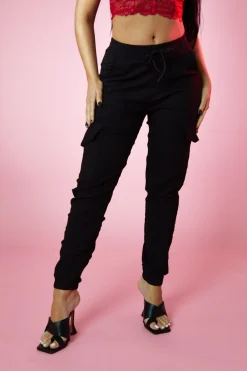 Rebellious Fashion Black Cuffed Hem Cargo Trousers - Rain