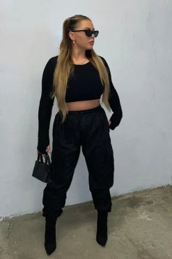 Rebellious Fashion Black Cuffed Hem Shell Cargo Joggers - Iris