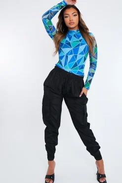 Rebellious Fashion Black Cuffed Hem Shell Cargo Joggers - Iris