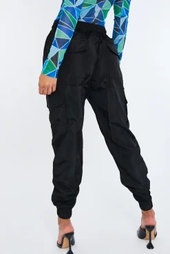 Rebellious Fashion Black Cuffed Hem Shell Cargo Joggers - Iris