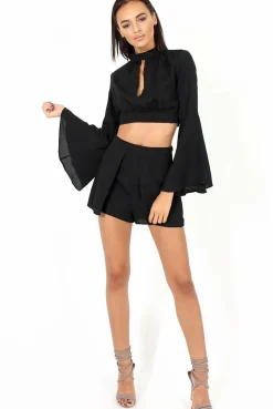 Rebellious Fashion Black Cut Out Bell Sleeve Co-ord - Leia