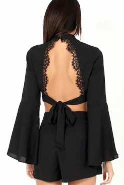 Rebellious Fashion Black Cut Out Bell Sleeve Co-ord - Leia