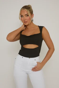 Rebellious Fashion Black Cut Out Cap Sleeve Crop Top - Donatella