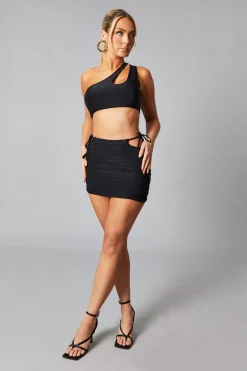 Rebellious Fashion Black Cut Out Detail Crop Top & Ruched Mini skirt Set - Pixie