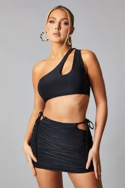 Rebellious Fashion Black Cut Out Detail Crop Top & Ruched Mini skirt Set - Pixie