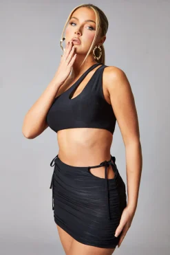 Rebellious Fashion Black Cut Out Detail Crop Top & Ruched Mini skirt Set - Pixie