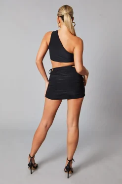 Rebellious Fashion Black Cut Out Detail Crop Top & Ruched Mini skirt Set - Pixie