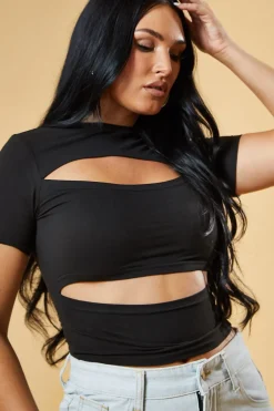 Rebellious Fashion Black Cut Out Front Short Sleeve Top - Nayla