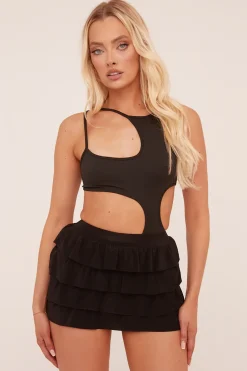 Rebellious Fashion Black Cut Out Front Shoulder Straps Bodysuit - Ashely