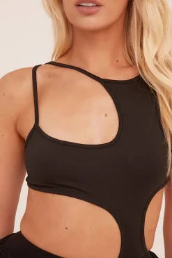 Rebellious Fashion Black Cut Out Front Shoulder Straps Bodysuit - Ashely