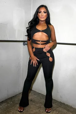 Rebellious Fashion Black Cut Out Halter Neck Crop Top & Flare Trouser Set - Ariel