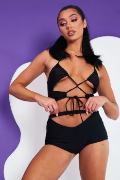 Rebellious Fashion Black Cut Out Halter Neck Crop Top & Shorts Set - Tallula