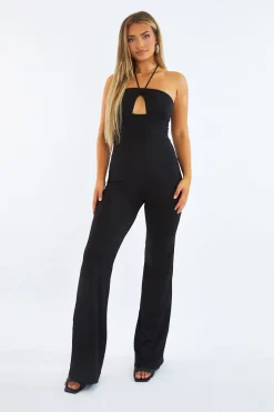 Rebellious Fashion Black Cut Out Halter Neck Wide Leg Jumpsuit - Fiona