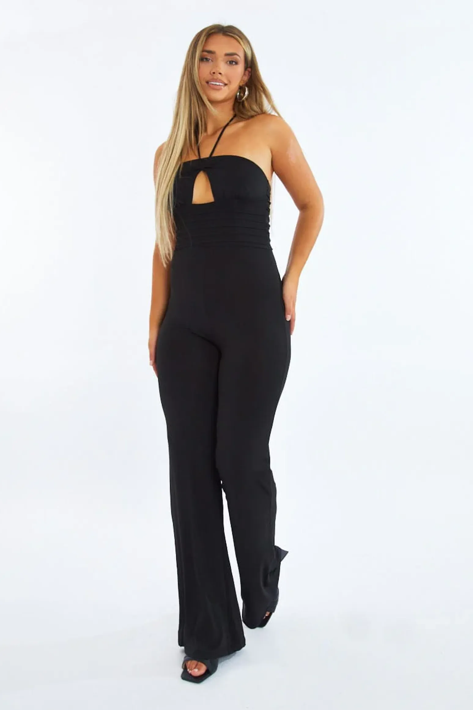 Rebellious Fashion Black Cut Out Halter Neck Wide Leg Jumpsuit - Fiona