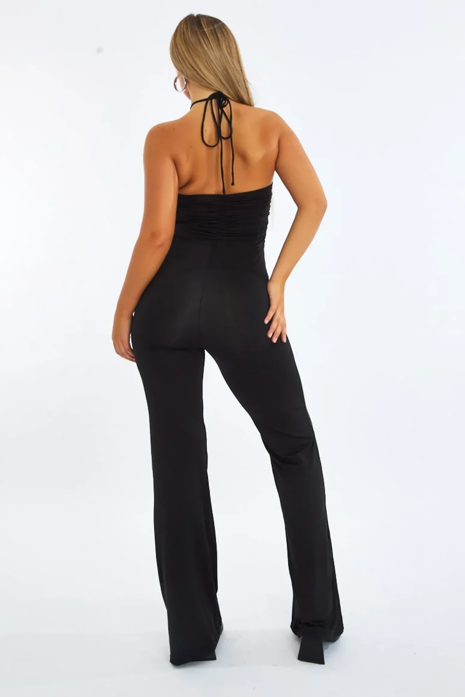 Rebellious Fashion Black Cut Out Halter Neck Wide Leg Jumpsuit - Fiona