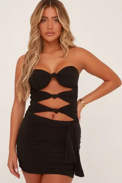 Rebellious Fashion Black Cut Out Knot Detail Bodysuit & Mini Skirt Co-ord - Aubree
