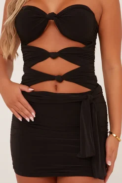 Rebellious Fashion Black Cut Out Knot Detail Bodysuit & Mini Skirt Co-ord - Aubree