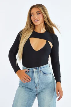 Rebellious Fashion Black Cut Out Long Sleeve Bodysuit - Serenity