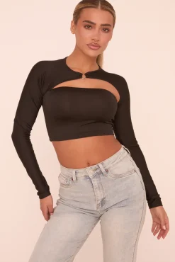 Rebellious Fashion Black Cut Out Long Sleeves Cropped Top - Fayha
