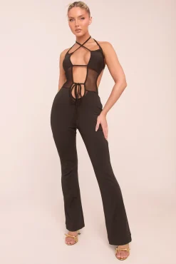 Rebellious Fashion Black Cut Out Mesh Panel Halter Neck Jumpsuit - Edwina