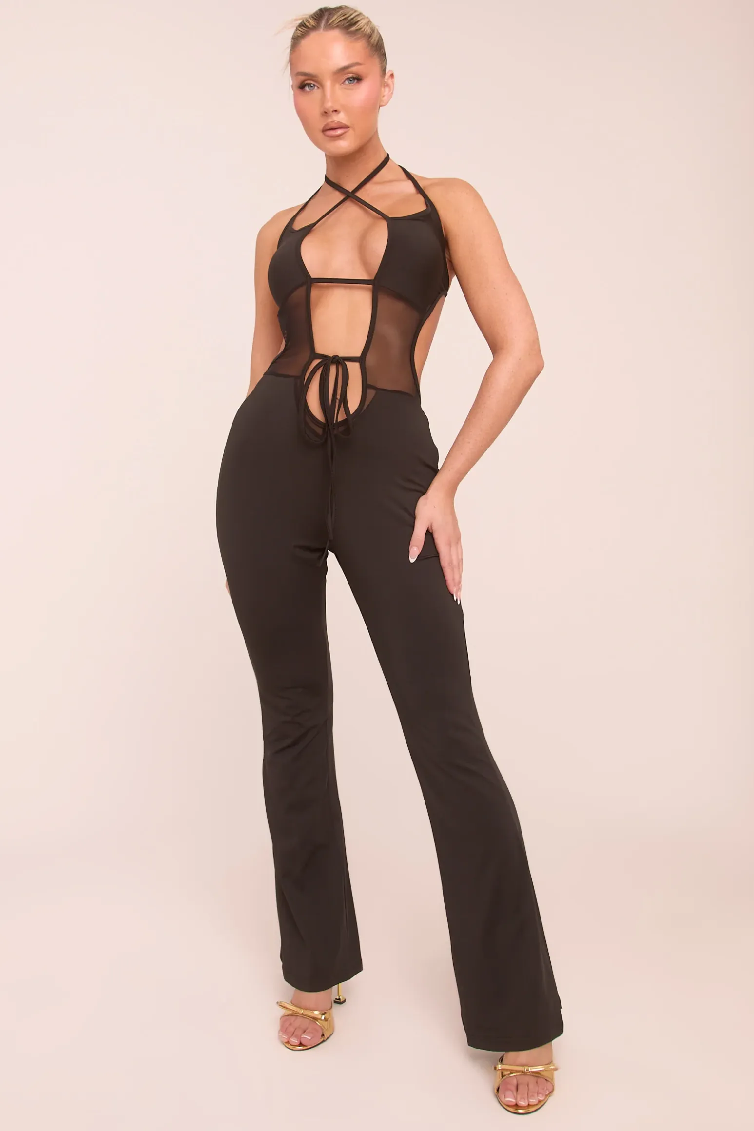 Rebellious Fashion Black Cut Out Mesh Panel Halter Neck Jumpsuit - Edwina