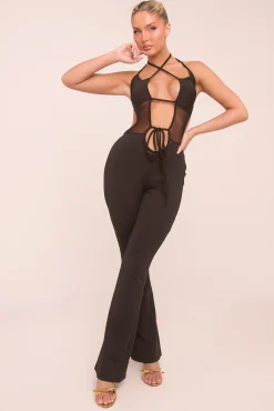 Rebellious Fashion Black Cut Out Mesh Panel Halter Neck Jumpsuit - Edwina