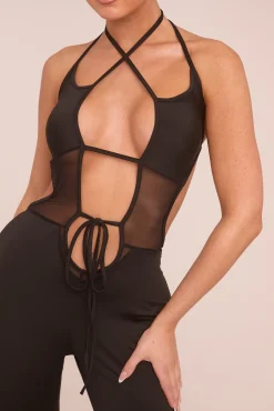Rebellious Fashion Black Cut Out Mesh Panel Halter Neck Jumpsuit - Edwina
