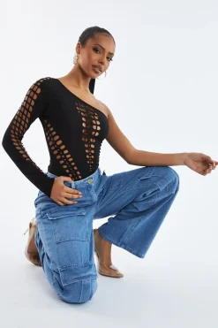 Rebellious Fashion Black Cutout One shoulder Bodysuit - Elia