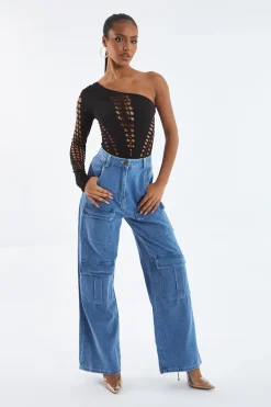 Rebellious Fashion Black Cutout One shoulder Bodysuit - Elia