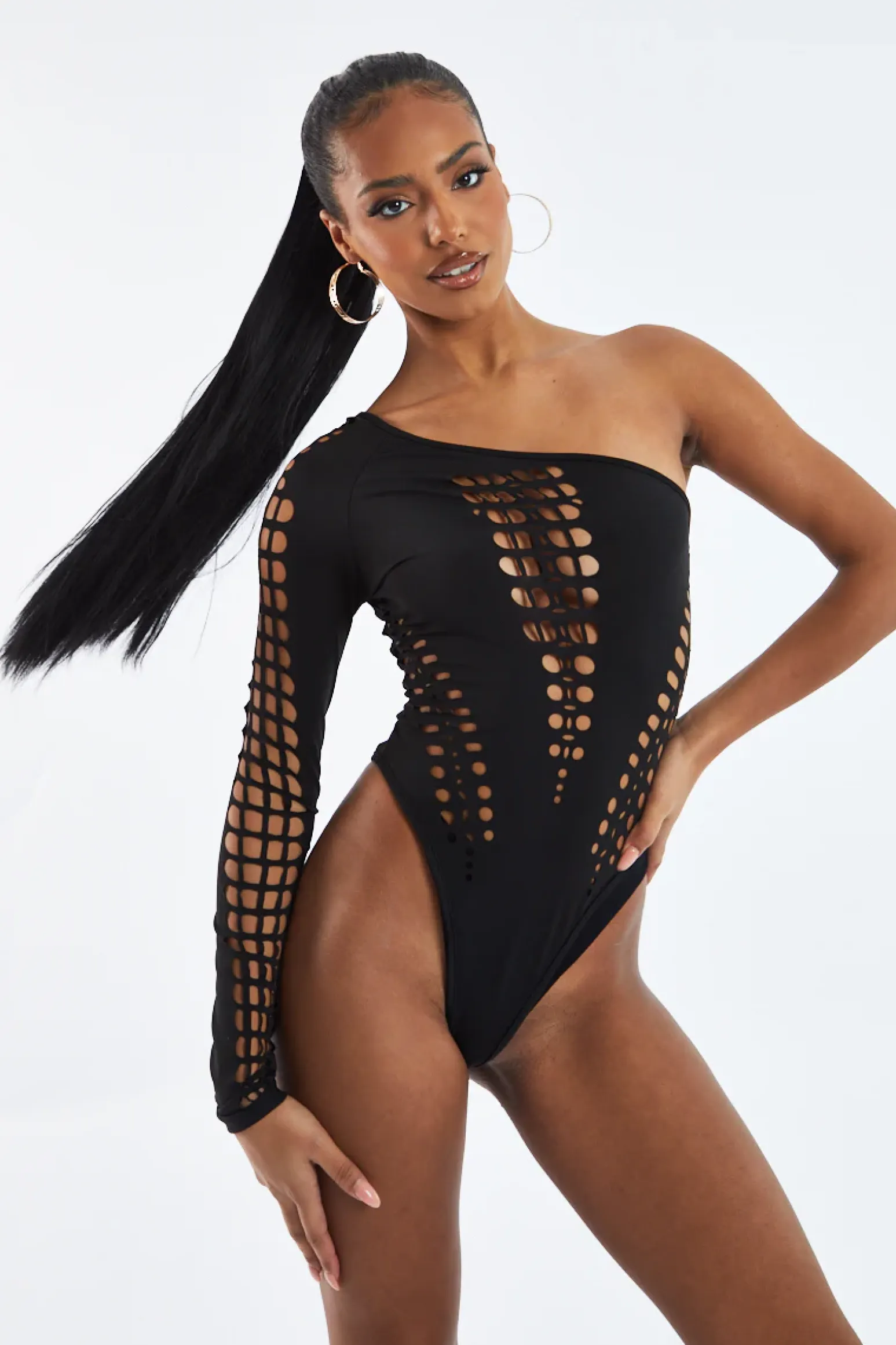 Rebellious Fashion Black Cutout One shoulder Bodysuit - Elia