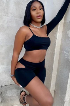 Rebellious Fashion Black Cut Out One Sleeve Playsuit - Aira