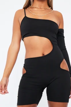 Rebellious Fashion Black Cut Out One Sleeve Playsuit - Aira