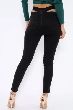 Rebellious Fashion Black Cut Out Pockets Skinny Jeans - Nasya