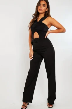 Rebellious Fashion Black Cut Out Ruched Halter Neck Bodysuit - Janessa