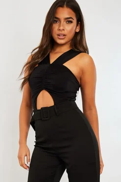 Rebellious Fashion Black Cut Out Ruched Halter Neck Bodysuit - Janessa