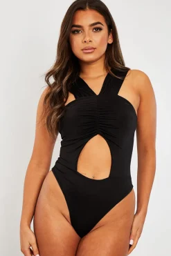 Rebellious Fashion Black Cut Out Ruched Halter Neck Bodysuit - Janessa