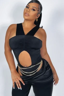 Rebellious Fashion Black Cut Out Ruched Halter Neck Bodysuit - Janessa