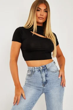 Rebellious Fashion Black Cut Out Short Sleeve Slinky Crop Top - Harriet