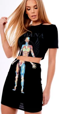 Rebellious Fashion Black Cut Out Shoulder 'Havana' Graphic Co-ord - Olah
