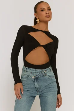 Rebellious Fashion Black Cut Out Twist Front Bodysuit - Raisa