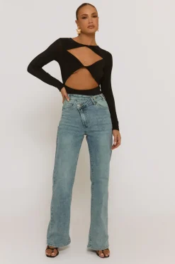 Rebellious Fashion Black Cut Out Twist Front Bodysuit - Raisa