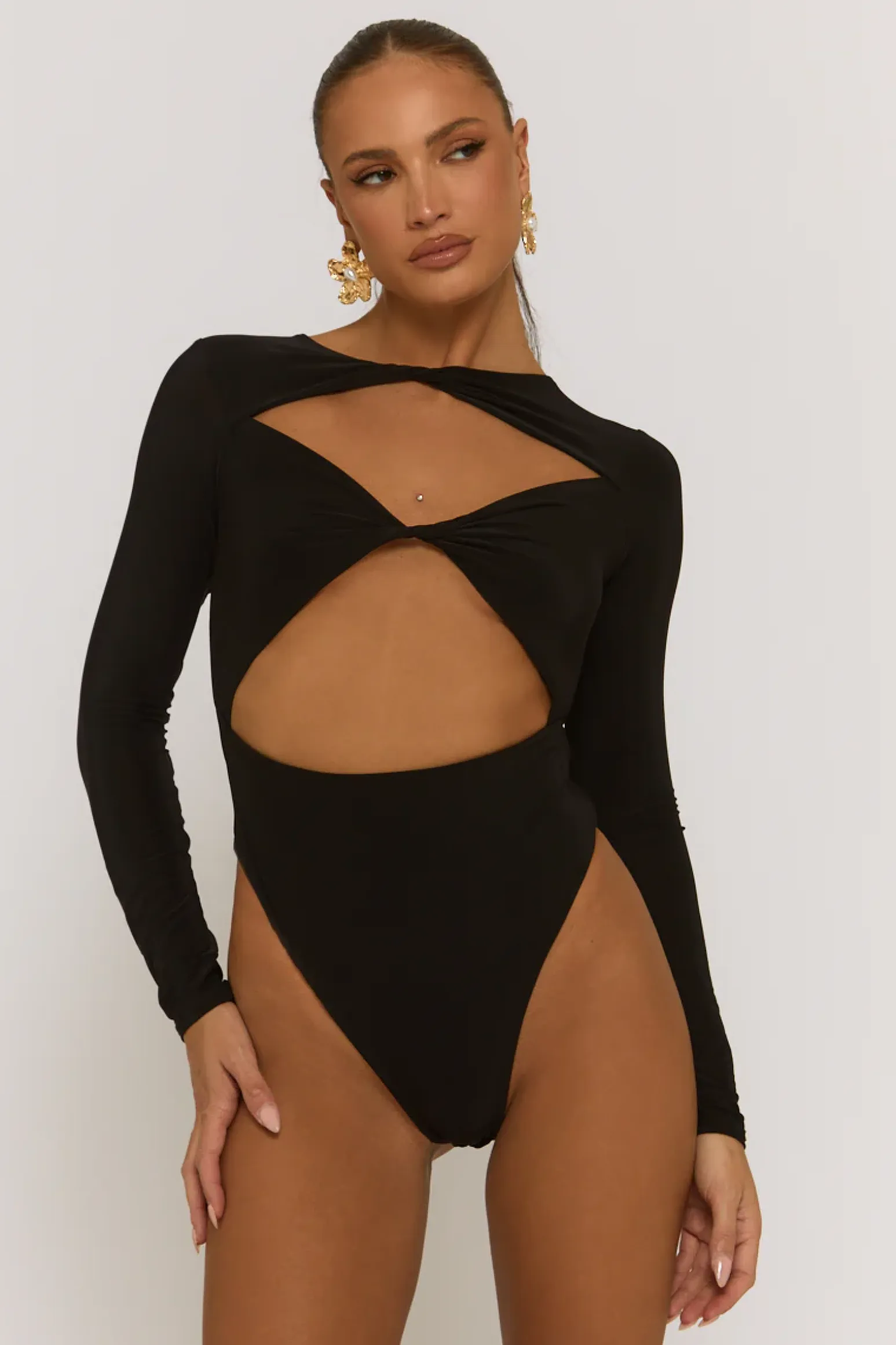 Rebellious Fashion Black Cut Out Twist Front Bodysuit - Raisa