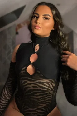 Rebellious Fashion Black Cut Out Velvet Mesh Zebra Print Bodysuit - Nova