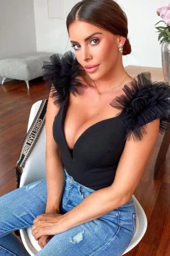 Rebellious Fashion Black Deep Plunge Frill Shoulder Bodysuit - Danity