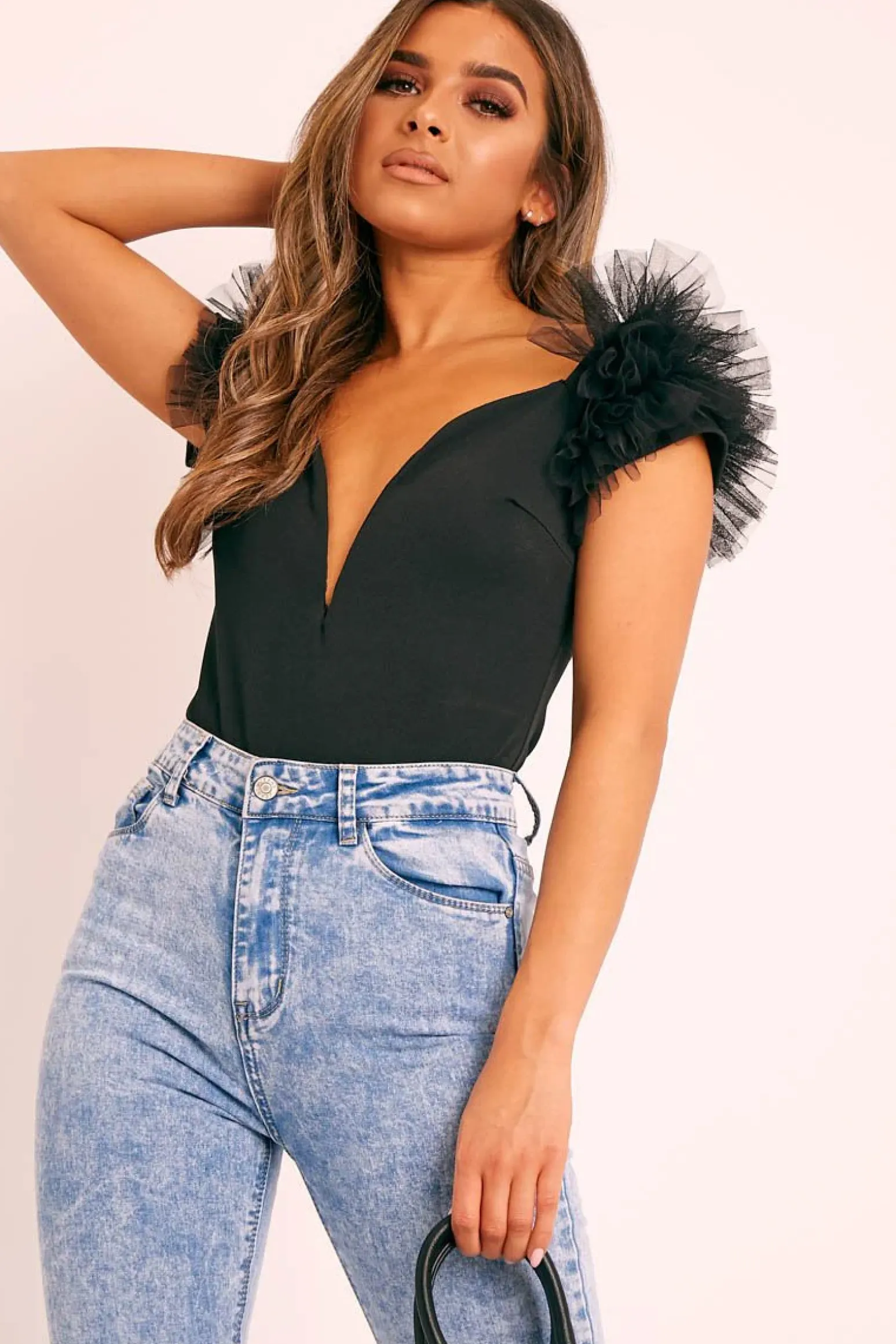 Rebellious Fashion Black Deep Plunge Frill Shoulder Bodysuit - Danity