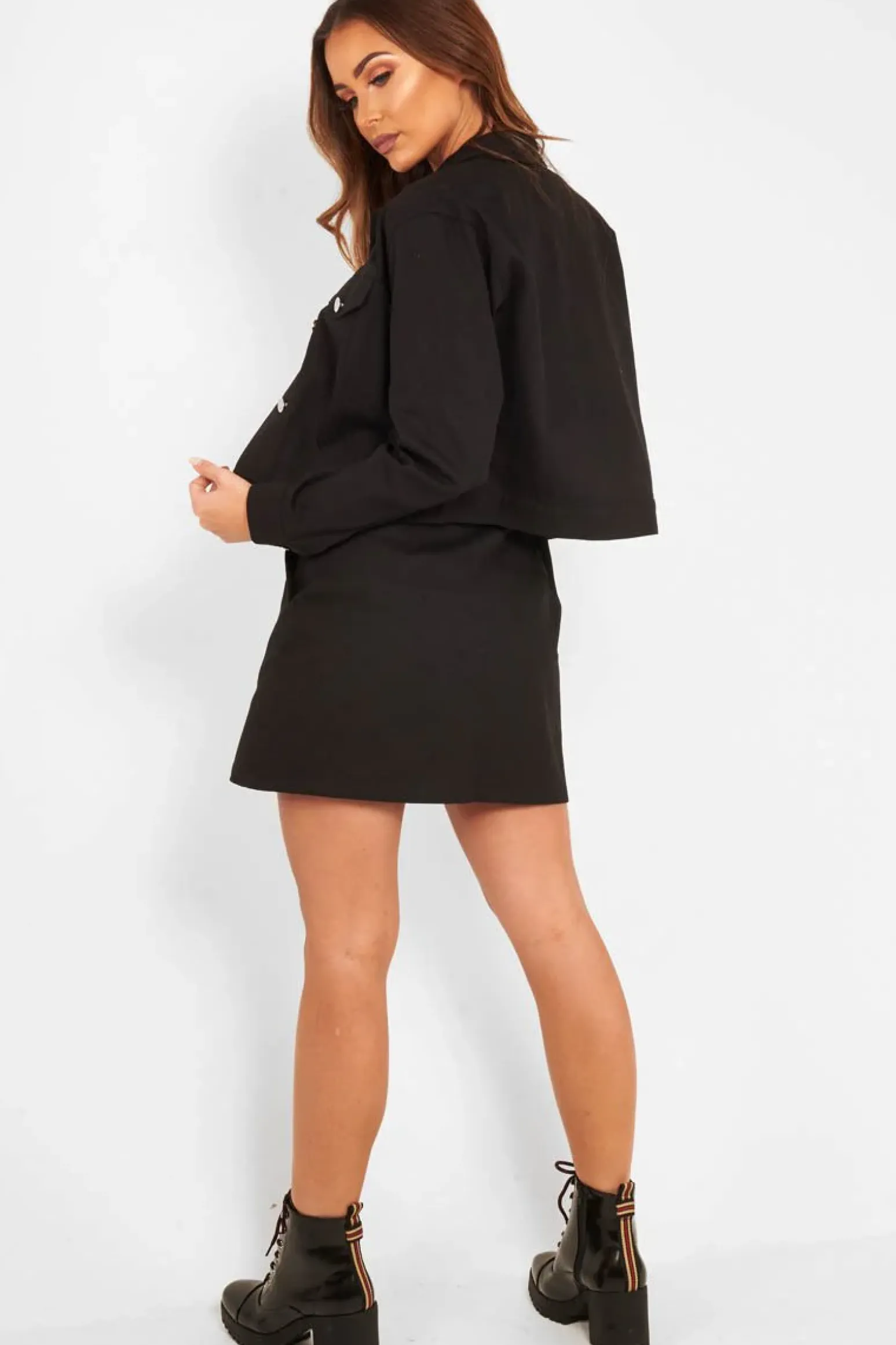 Rebellious Fashion Black Denim Button Front Skirt Jacket Co-Ord - Dima